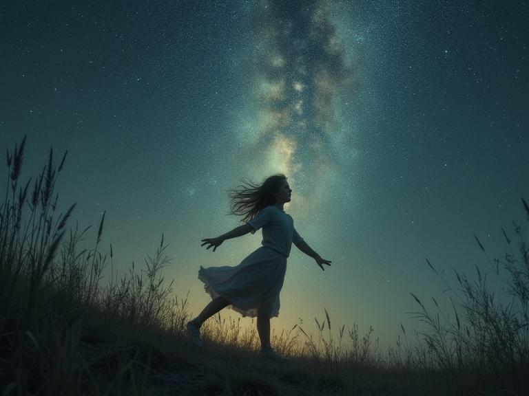 A girl dances in a field under a starry sky with the Milky Way visible. The scene evokes a sense of freedom and ethereal beauty.