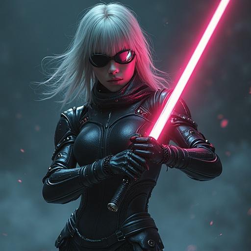 A girl in power armor holds a glowing sword. She has long white hair. Black armor contrasts with pink light. Background is dark with cyborg elements. Poised in a dancing stance. High definition with amazing detail.