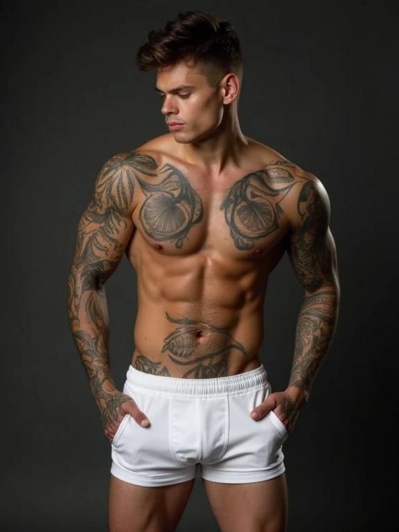 A young male model wears white boxer shorts. Skin covered with tattoos. Model poses sensually. Photography uses studio lighting. Image for advertising purposes.