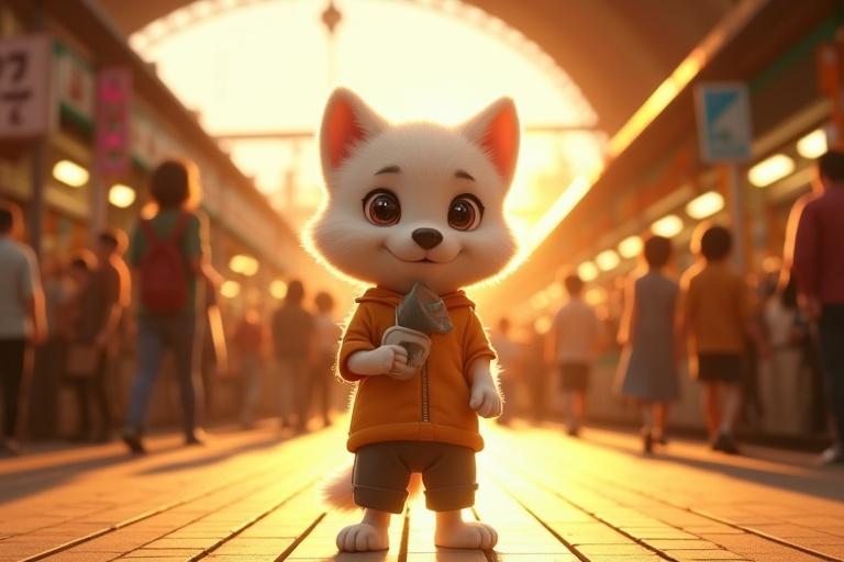 A vibrant 3D scene of a bustling railway station at sunrise. Golden light streams through. A charming white puppy stands on two legs. Dressed in neat clothes. Holding a small megaphone. The background features a lively crowd and colorful stalls. The scene is ultra-realistic with dynamic camera angles.