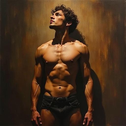 Hand-painted style reminiscent of Caravaggio. Solitary masculine figure stands in a dimly lit chamber, gazing thoughtfully. Warm amber highlights and deep umber shadows highlight his muscular torso. Layered brushstrokes convey fluidity of desire and personal power. Urgent quest for self-awareness captured in a moment.