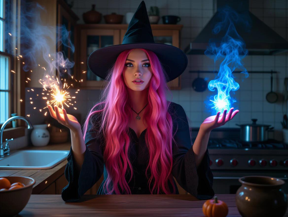 Photo of a woman in a black witch outfit with long pink hair and blue ends in a spooky kitchen. She holds magical sparks in both hands glowing blue and orange. The ambiance is warm with a supernatural element. Smoke and sparkles enhance the magical effect.