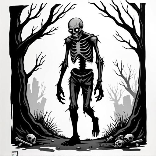 A stylised zombie illustrated in bold black-and-white linework inspired by relief printmaking. Zombie staggers forward with arms outstretched. Body is skeletal and decayed with exposed ribs and hollow eyes. Scene includes twisted tree branches with scattered bones suggesting a haunted forest. Illustration uses clean silhouettes with bold detail. No text and minimal or absent border.