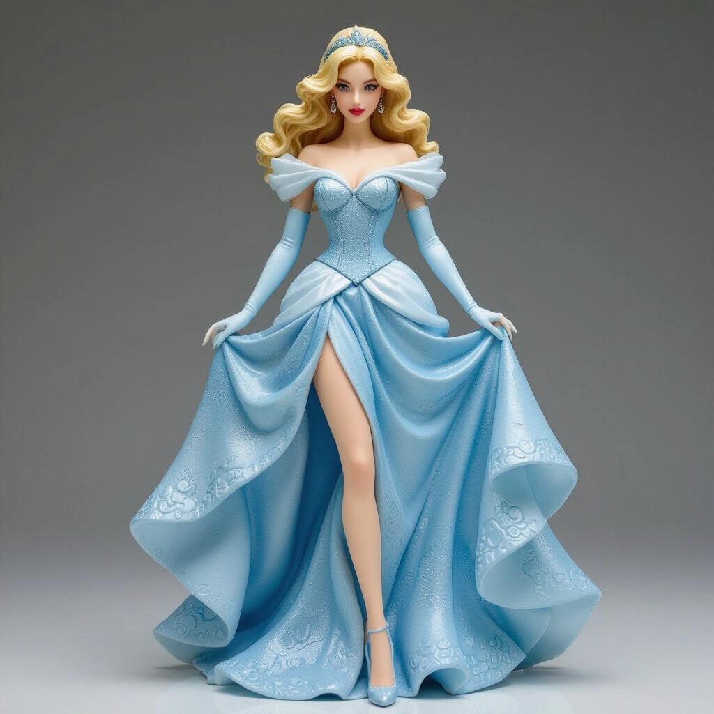 Figurine made of resin inspired by Cinderella. Beautiful figure of a blonde woman in a blue elegant dress with a high slit. She has delicate facial features and a slim body.