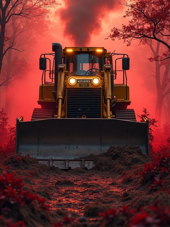 Massive yellow CAT D8 bulldozer in crimson jungle clearing. Steel treads carve cracked grass soil. Thick black smoke from exhaust pipe. Front blade lowered with mud and vines. Headlights glow dull amber in red mist. Red leaves flying and ash drifting. Towering trees with red bark. High-contrast cinematic lighting with shadows.