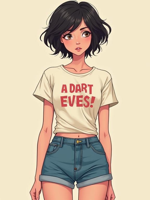 Upper body portrait of a female character. Caucasian appearance with short dark hair. She wears a graphic t-shirt and denim shorts. The style is a comic book illustration with soft lighting.
