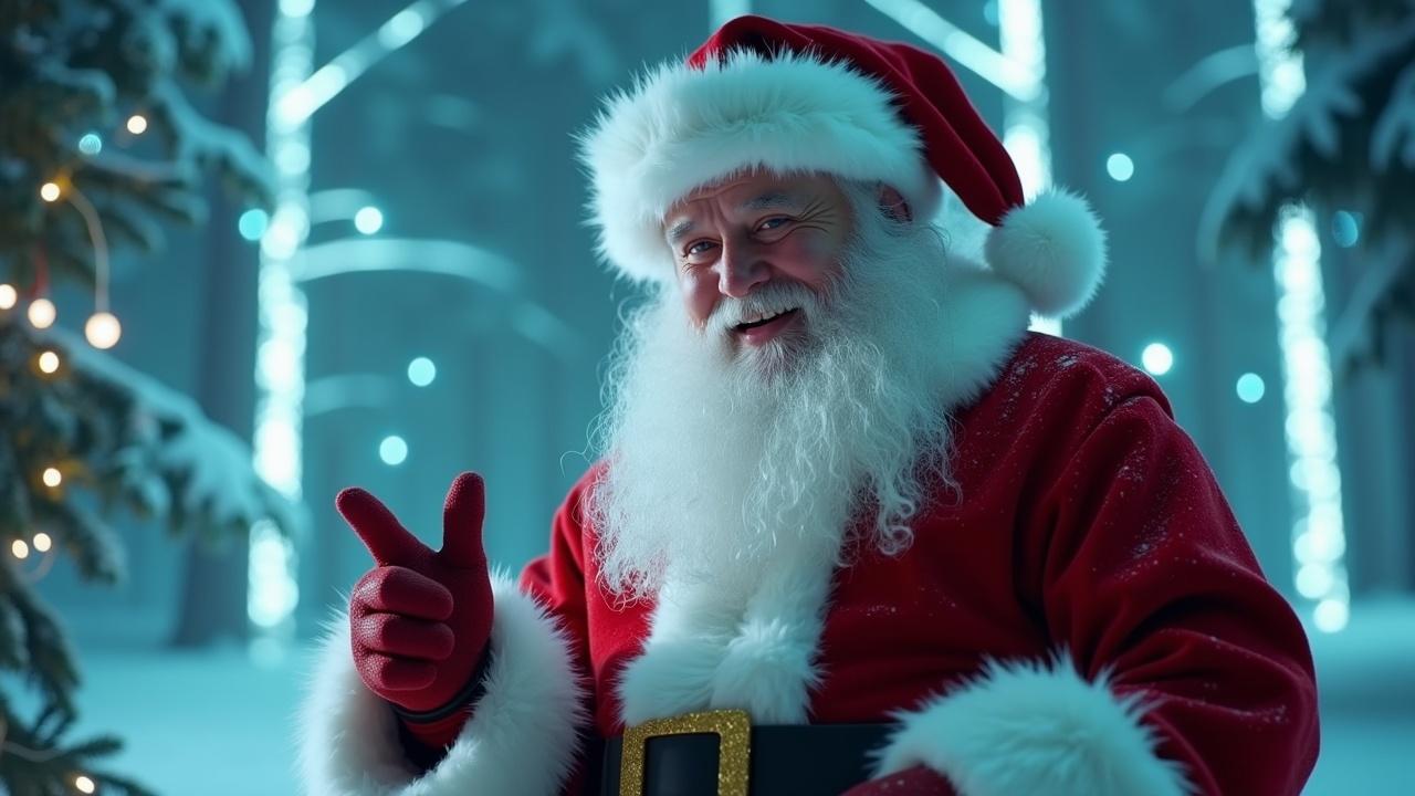 Cinematic image of Santa Claus in a festive high-tech room. Holographic designs and nature visible. Wide shot surrounded by glowing models. Santa smiles and nods. Text overlay: 'Merry Christmas and Happy New Year!'