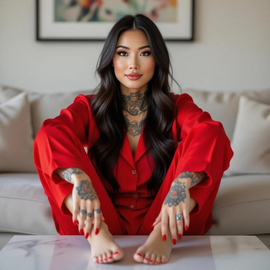 Asian woman with long black hair and brown eyes. Wearing red pajamas. Tattoos visible on body and hands. Sitting on a couch. Soles and bare feet resting on a table. Stylish toe ring. Clean and aesthetically pleasing feet showcased.