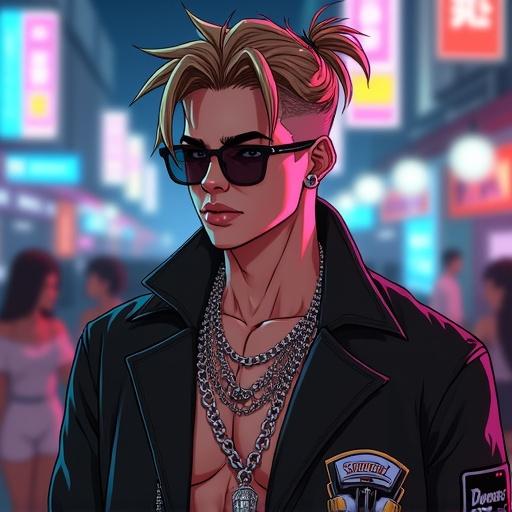 Anime scene set in 2121. Depicts a handsome man in his late 20s with silver eyes and short light brown spiky hair. Wears high-end hip hop streetwear and sunglasses, surrounded by nightclub ambiance featuring beautiful women. Shows details of muscular physique and tattoos.