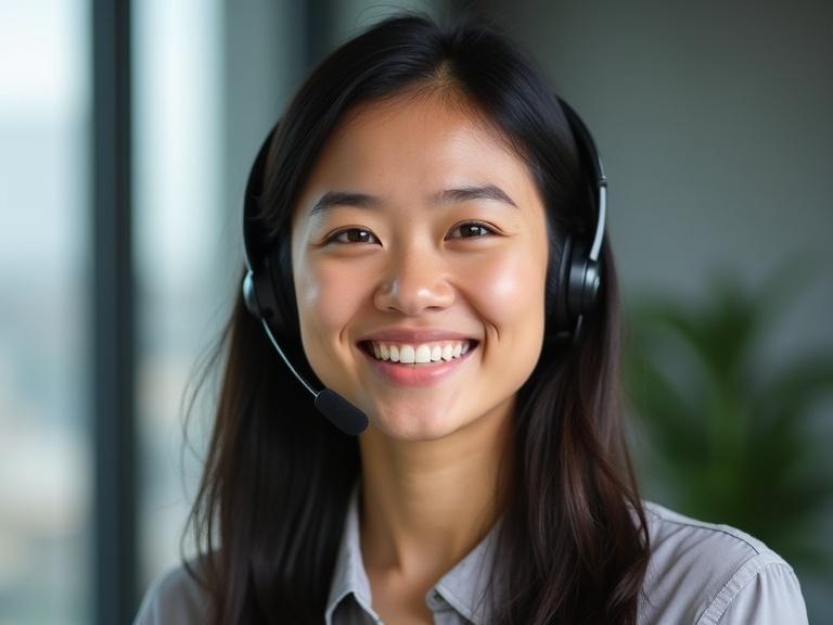 High-resolution studio portrait of a 29-year-old Chinese-Canadian female Customer Success Manager. She appears friendly and solution-focused. Wearing business-casual attire along with subtle headphones. The background is softly blurred. The lighting is even and soft. Expression includes a warm smile and attentive gaze.