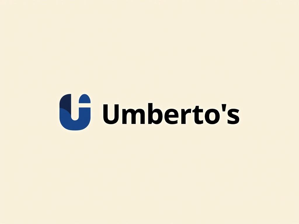 The image showcases a modern logo for 'Umberto's.' It features a stylized letter 'U' in blue with a clean, bold font for the name. The background is a soft cream color, enhancing the logo's visibility. The overall design is minimalistic, making it suitable for various branding purposes. This logo may cater to a restaurant or food-related business, emphasizing contemporary design and simplicity.