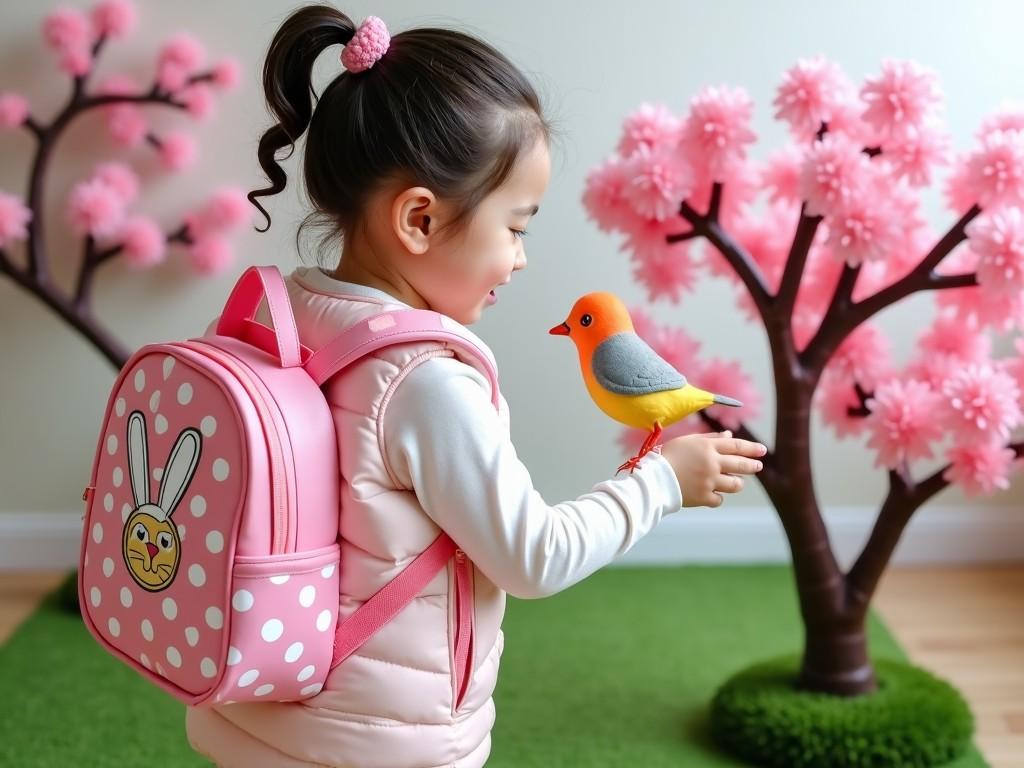 A young girl with a pink backpack holding a colorful bird as she stands next to a cherry blossom tree.