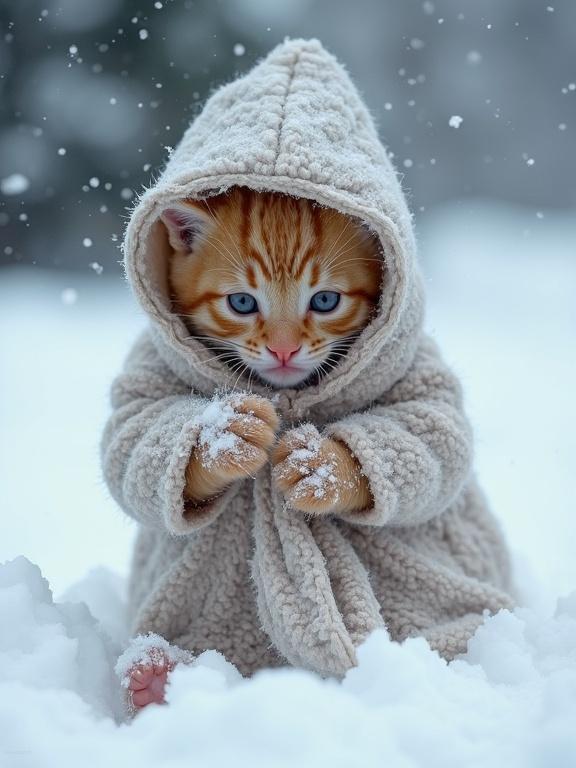 A kitten wearing a fluffy hoodie stands in deep snow. The kitten has bright blue eyes and its paws are outstretched. Snowflakes are falling around. The scene captures a cozy winter atmosphere.
