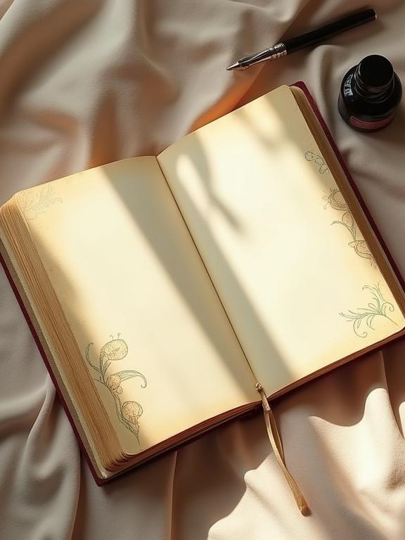 Top-down view of an open vintage hardcover journal. Creamy blank pages with delicate shadows. Journal cover on the left side with floral Art Nouveau patterns. Nearby fountain pen and small ink bottle. Warm lighting and soft color palette.