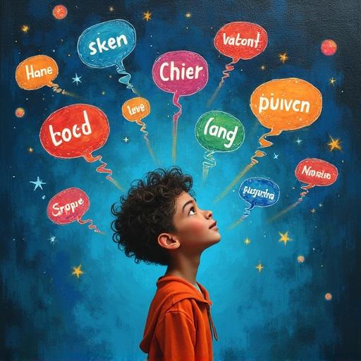 Modern artistic painting of a young person discovering new languages. Surrounded by floating and glowing words in multiple languages.