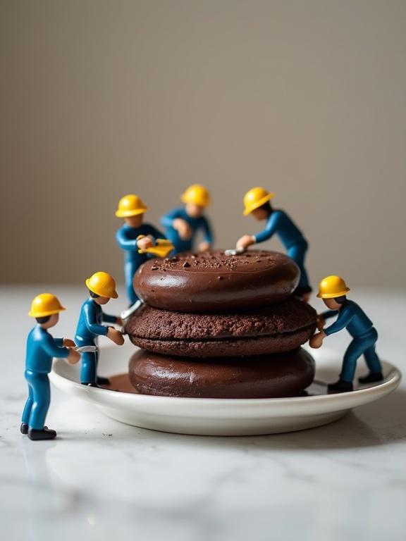 Miniature worker figurines around a chocolate gateau on a white ceramic plate. Workers are dressed in blue uniforms and yellow hard hats using tools on the cake. Gateau has layers of dark chocolate frosting. Soft blurred background in neutral tones. Professional photography with a shallow depth of field.