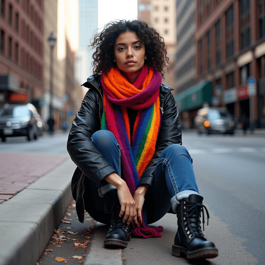 A person wearing a colorful scarf sits on the street curb in an urban setting.