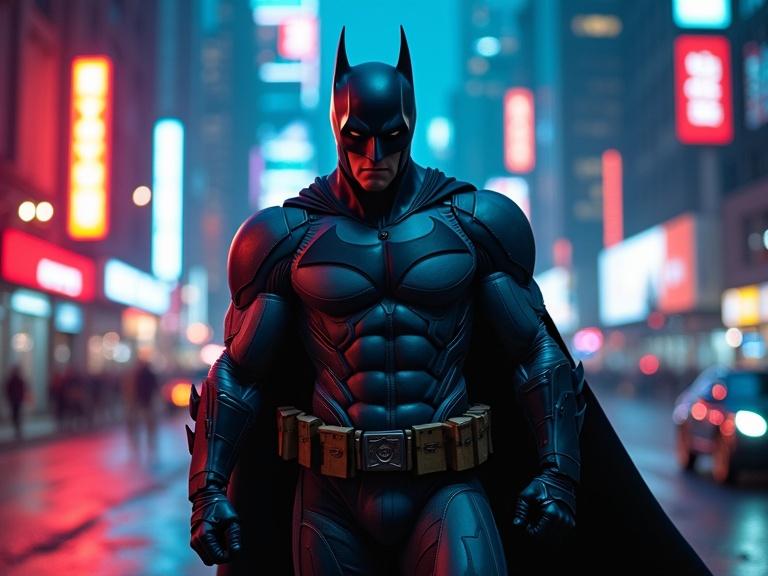 Dynamic movie poster of superhero inspired by Batman. Muscular figure in high-tech armored suit. Character stands heroically in worm's-eye view. Full-body visible. Surrounded by vibrant neon-lit cityscape at night. Bold colors and cinematic atmosphere.