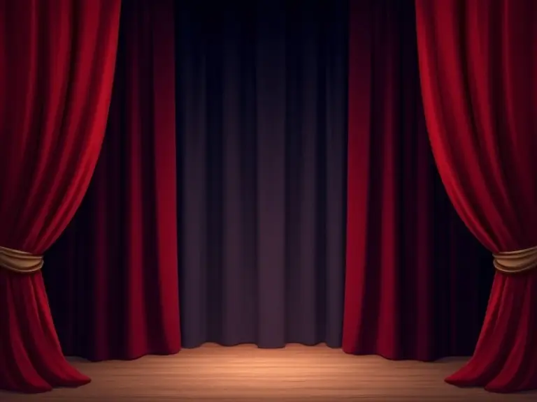 Illustration of velvet curtains on a stage. Cohesive color palette with rich maroons and navy blues. Background transparent.