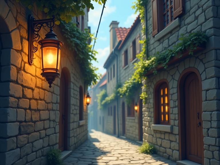 Cartoon scene depicting an old alleyway with antique copper lamp on a stone wall among stone buildings