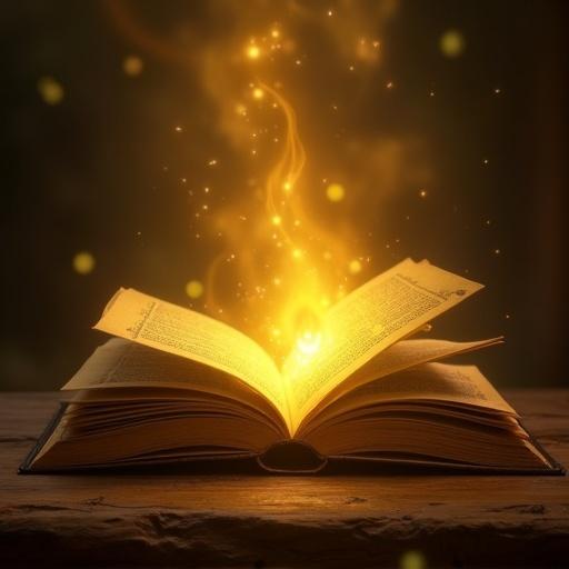 Yellow light source floating above an open mystic spell book. The book appears ancient with pages slightly fluttering. A warm glow radiates from the center of the book creating a magical atmosphere.