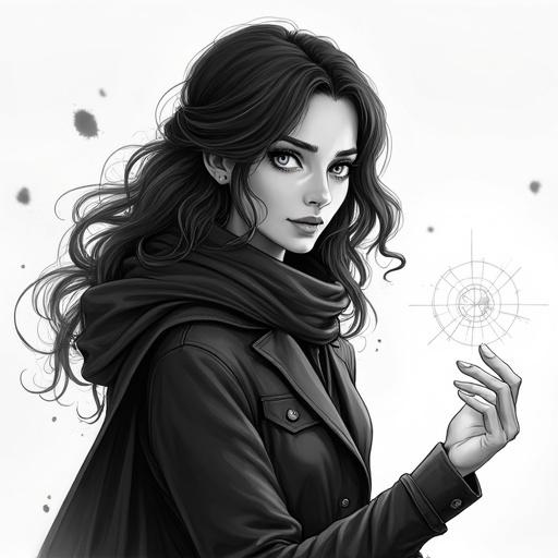 Lyra depicted in black and white. She wears a dark coat and scarf, holding a notebook. Her eyes are white. A broken hourglass symbol glows on her palm. The atmosphere is calm and thoughtful, with an elegant yet heavy expression.