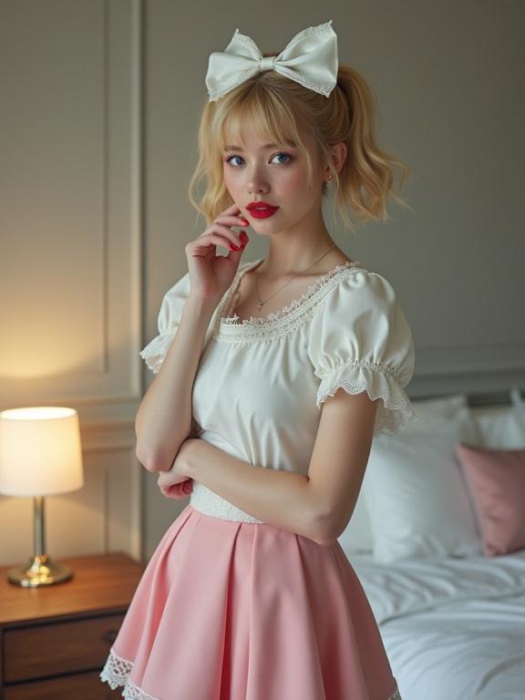A young woman in vintage-inspired Lolita outfit stands in minimalist bedroom. She wears a white blouse with puffed sleeves and lace trim, a fitted pink skirt, and a large white bow in her blonde twin tails. Soft light from a table lamp illuminates her face, showcasing bright blue eyes and red lipstick. The background features a made bed and wooden nightstand. Style is photorealistic with dreamy effect, highlighting textile details.