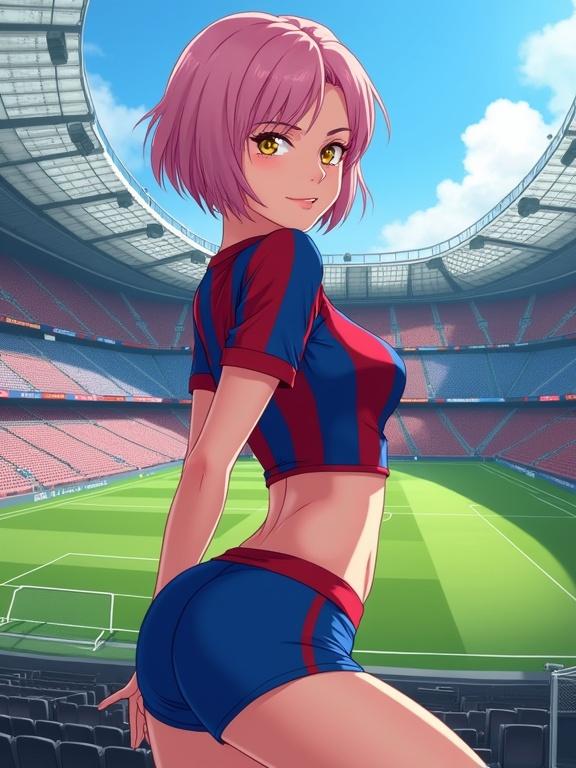 Digital anime artwork features a female character with pink hair and golden eyes. She wears a form-fitting Barcelona jersey and shorts. The background is a modern soccer stadium with a green pitch and grey seats.
