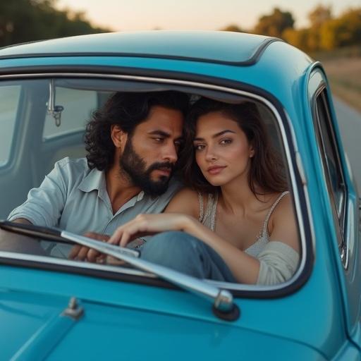 Image of a couple in a metallic blue convertible car. The car is parked on a scenic road. They are leaning against the hood of the car. The woman embraces the man. The man has his arm around her waist. The woman wears denim shorts and an open vest. She is barefoot with long black hair. Both pose for the camera, looking directly at it.