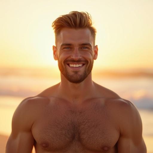 Photograph of a muscular man standing shirtless at a golden hour on a tropical beach. The image captures a charming, handsome male model with light brown pompadour hairstyle and light green eyes. The background features a serene island landscape with warm sunrise tones. The man exudes confidence with a perfect, friendly smile, showcasing white teeth. The photo has no filters and highlights a natural aesthetic suited for social media.