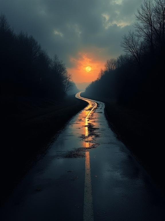 A top down close up view of a winding road at sunrise. Digital watercolor painting with smooth strokes. Featuring a black background and surreal modern elements. The silhouette of trees lines the road. The scene captures a foreshadowing mood at twilight. Puddles reflect warm colors of the sunrise. Minimalist design indicates loneliness and peace.