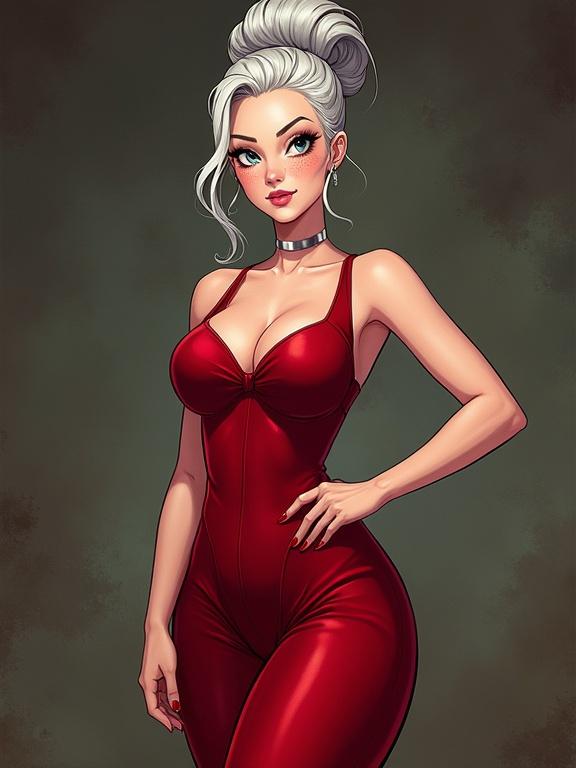 Illustration of a confident elegant woman with silver hair in a high bun. She has pale skin and freckles. Wearing a tight red velvet outfit. The woman has wide hips and a curvy figure. Setting resembles a gala event.