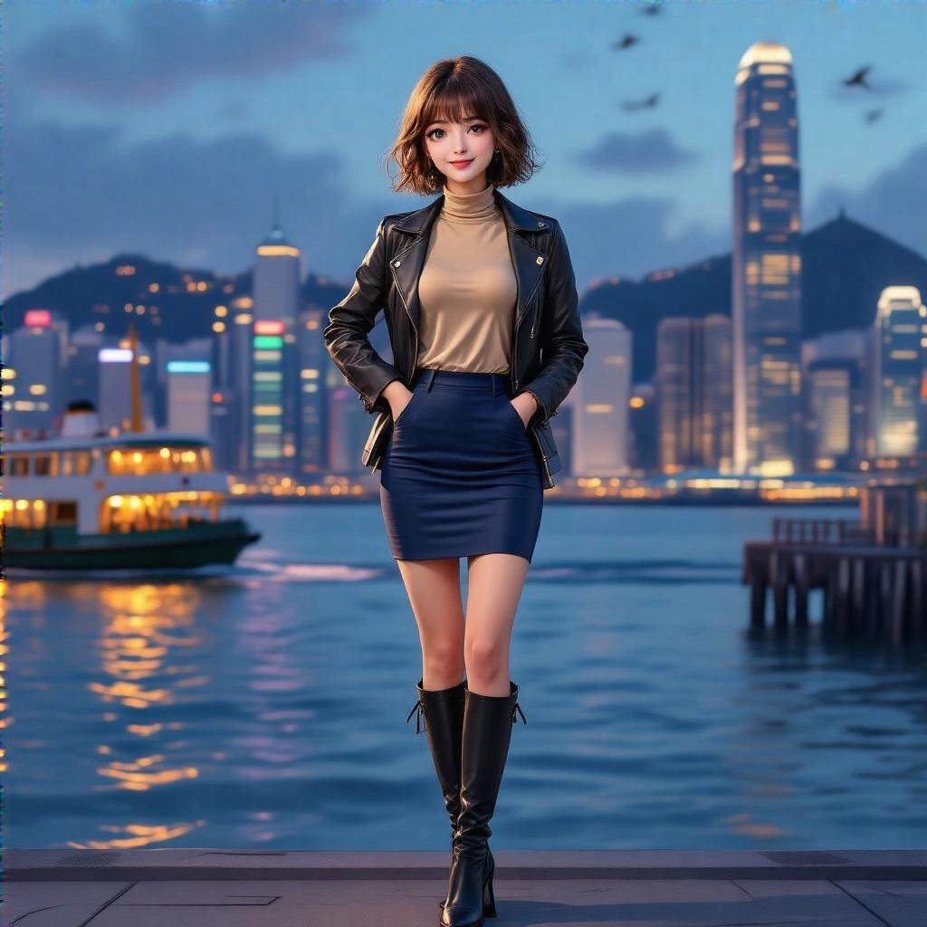 Image of a 170cm tall 27-year-old elegant office lady with a wispy bob hairstyle. Dressed in a champagne color turtleneck shirt, dark blue pencil skirt, and leather jacket. Wearing black suede medium height stiletto knee-high boots. Stands at a city pier with skyscrapers in the background during night time. Smiling over shoulder while pushing hair bangs behind ears. Full body shot with model 1.5 meter away from camera. Anime style.