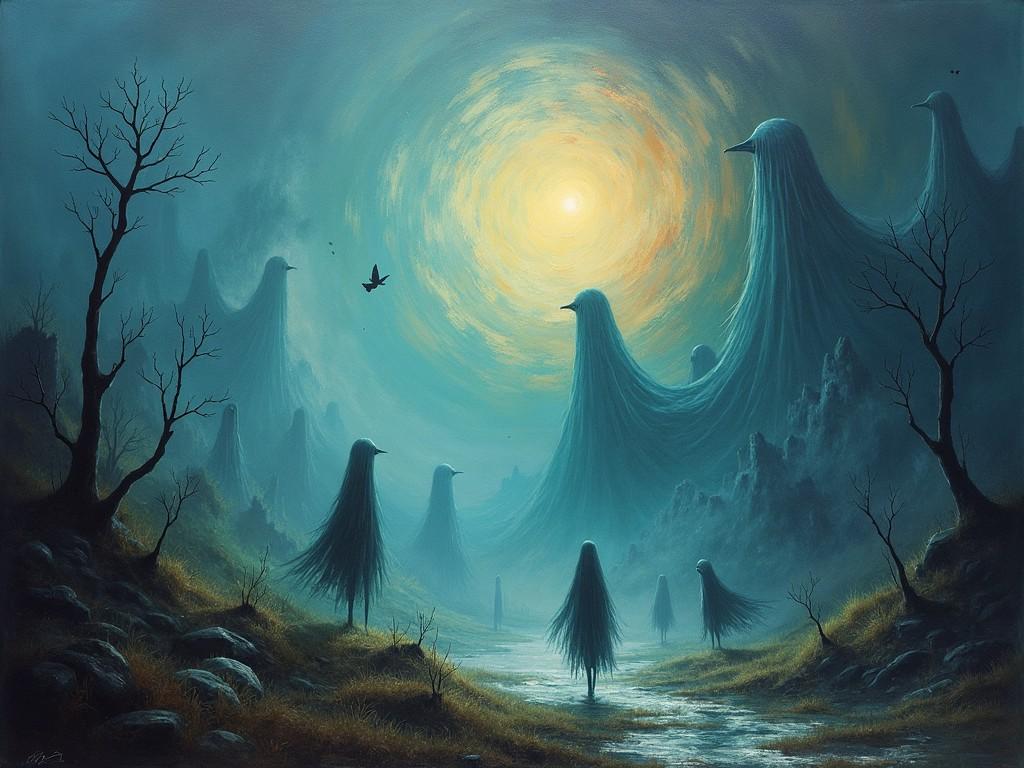 dreamlike landscape with large bird-shaped entities emerging from mist, glowing central sun, barren trees