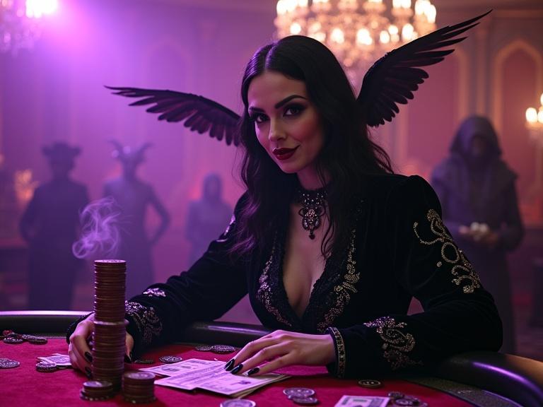 Gothic sorceress in a casino setting with purple lights. Wearing black velvet dress with silver insignias. Stacking blood-red poker chips and cash on a gambling table. Hands elegantly spread tarot cards. Background features shadowy figures. Atmosphere rich with dark energy, smoke, and rose petals.