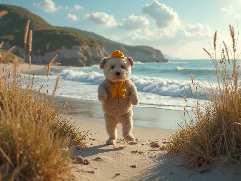 Fluffy creature on the beach with fantastic plants. The scene depicts a whimsical pet wearing a hat, walking among beach grass and ocean waves in the background.