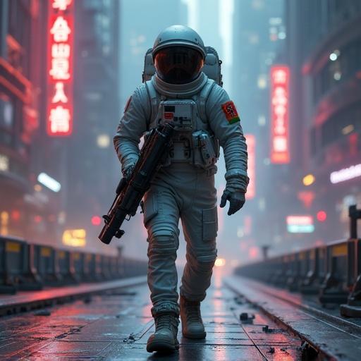 Future astronaut soldier in a space city. Holding a space gun with both hands. Walking around. Suit displays Algerian flag. Surrounded by cyberpunk lights. Highly detailed scene.