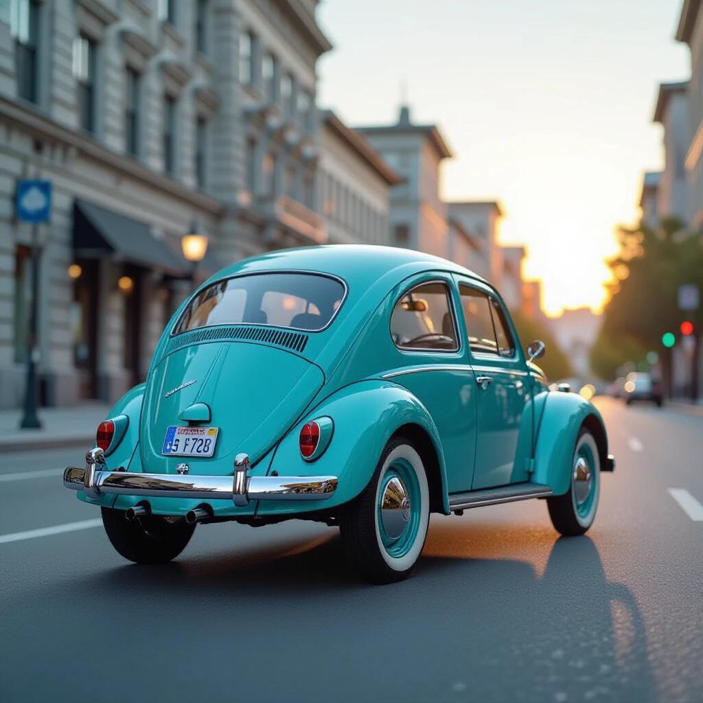 Ultra realistic photography of 1951 Volkswagen Beetle in vibrant Turquoise color captured in urban setting. Image shows rear and side profile at low-angle perspective. Emphasizes split rear window and jet-black tires. Background features creamy bokeh with soft golden hour light. Medium format clarity and vintage style.