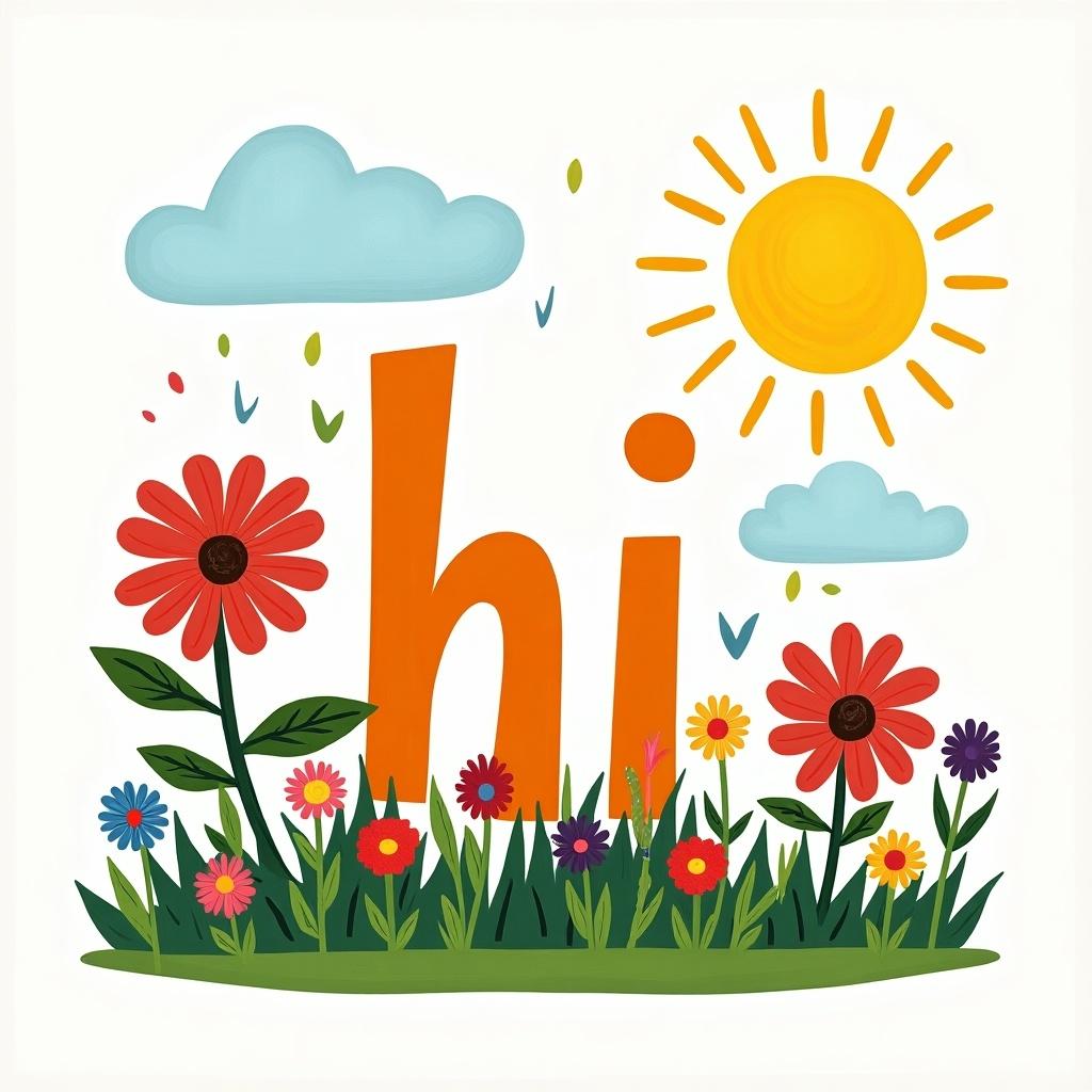 Colorful illustration with the word hi surrounded by flowers and the sun. Bright and cheerful atmosphere. Suitable for kids.