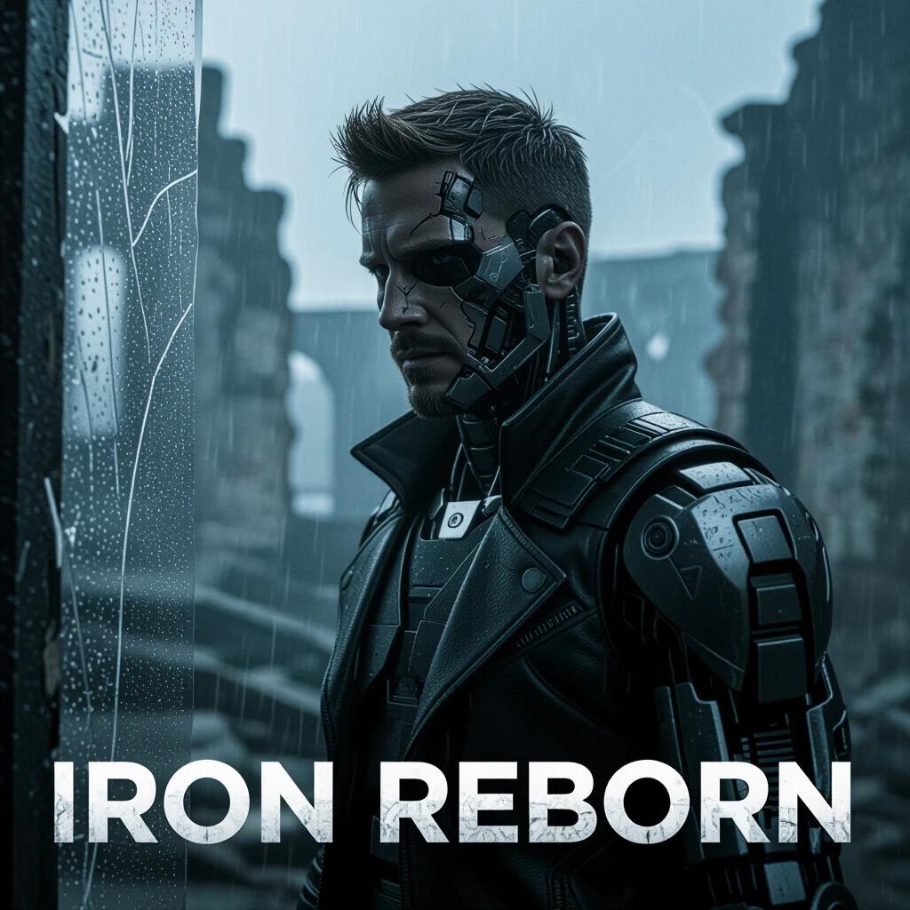 Opening shot of Iron Reborn trailer. Rain falls on ruins. Cybernetic man stares through shattered glass. Steam emanates from his cyber arm. The scene is characterized by high contrast and desaturation. Tungsten backlight creates a cinematic atmosphere. Shot in 6k resolution and super realistic style.
