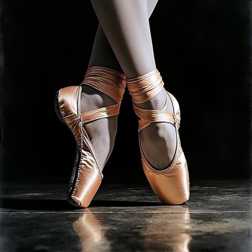 Close-up of silhouette of silk ballet slippers with background of ballet dancer. Black background, edgy graphic novel watercolor style.