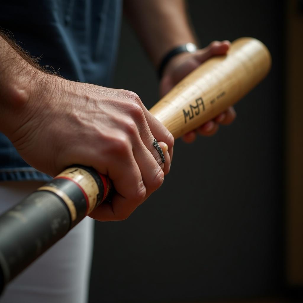 Close up of a hand gripping a worn baseball bat ready for a pitch.