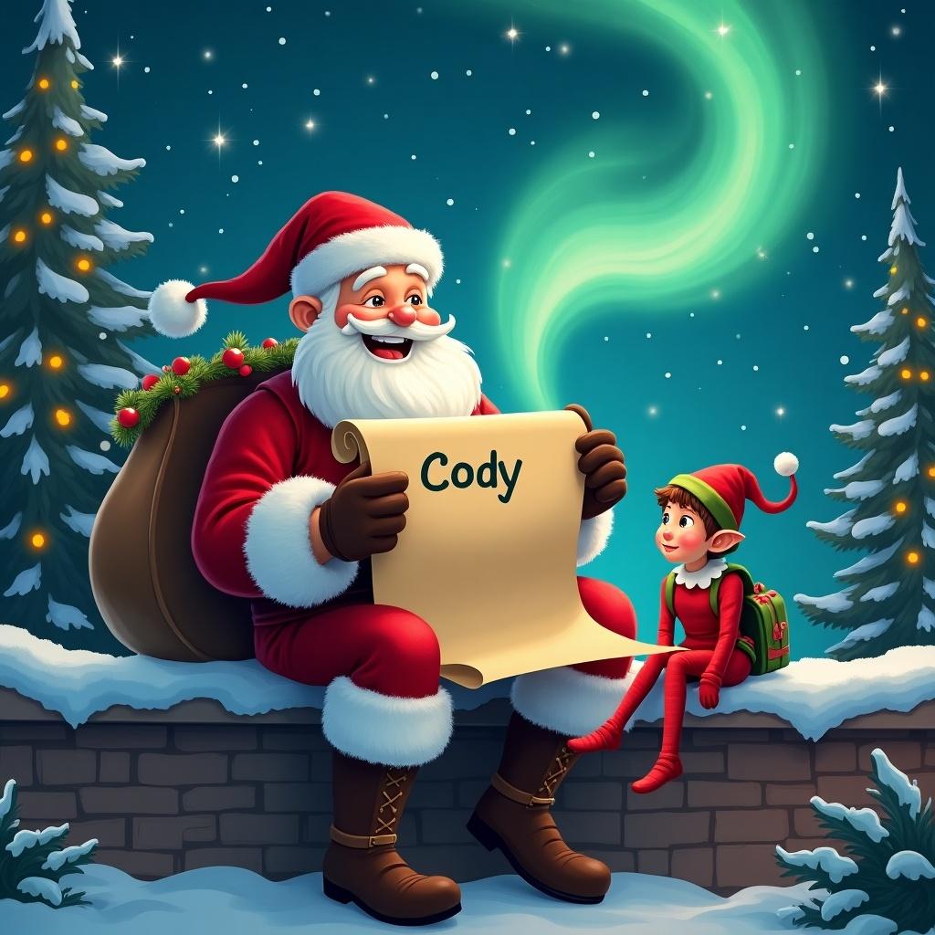 In a cozy winter scene, Santa Claus is sitting on a ledge with a joyful expression. He is holding a scroll that features the names Cody, as the northern lights swirl in the night sky. An elf sits beside him, adding a playful element to the scene. Christmas decorations are visible, enhancing the festive atmosphere. The background features snow-covered trees and a whimsical sparkle in the air, suggesting a magical holiday evening.