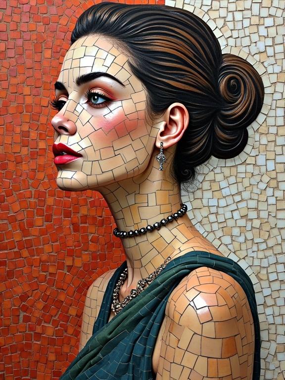 Model in a mosaic style with a side profile. Mosaic patterns intricately designed on the face and body. The background features a complementary texture in orange. Jewelry adds elegance.