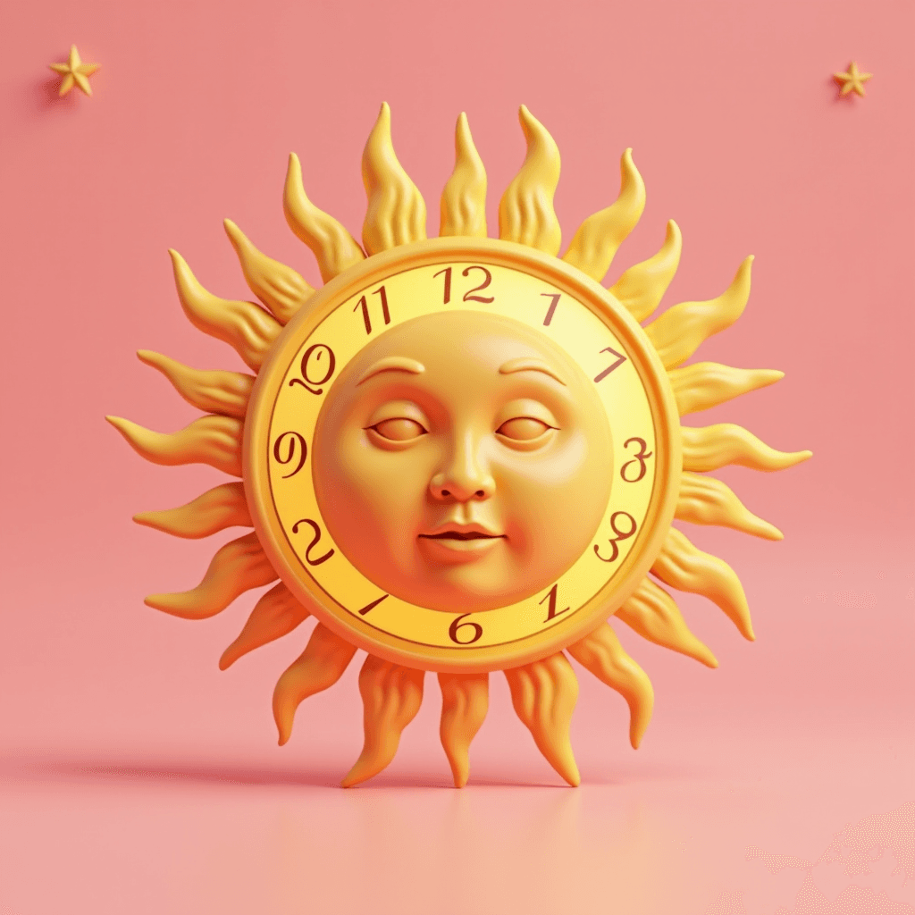 A clock with a sun face and wavy rays against a pink background.