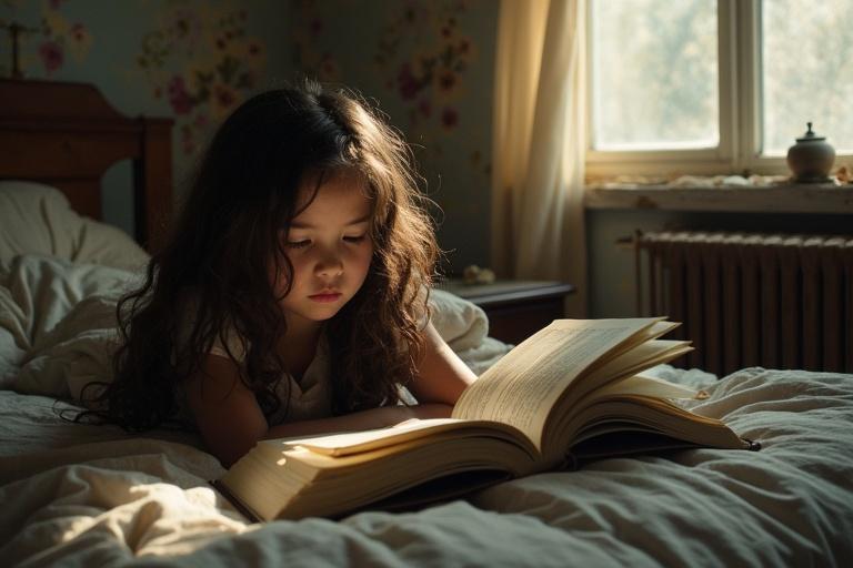 A girl lies on a bed reading a book. The room has gloomy decor with old furnishings. Warm light fills the space through the window. The girl has long dark brown curly hair.