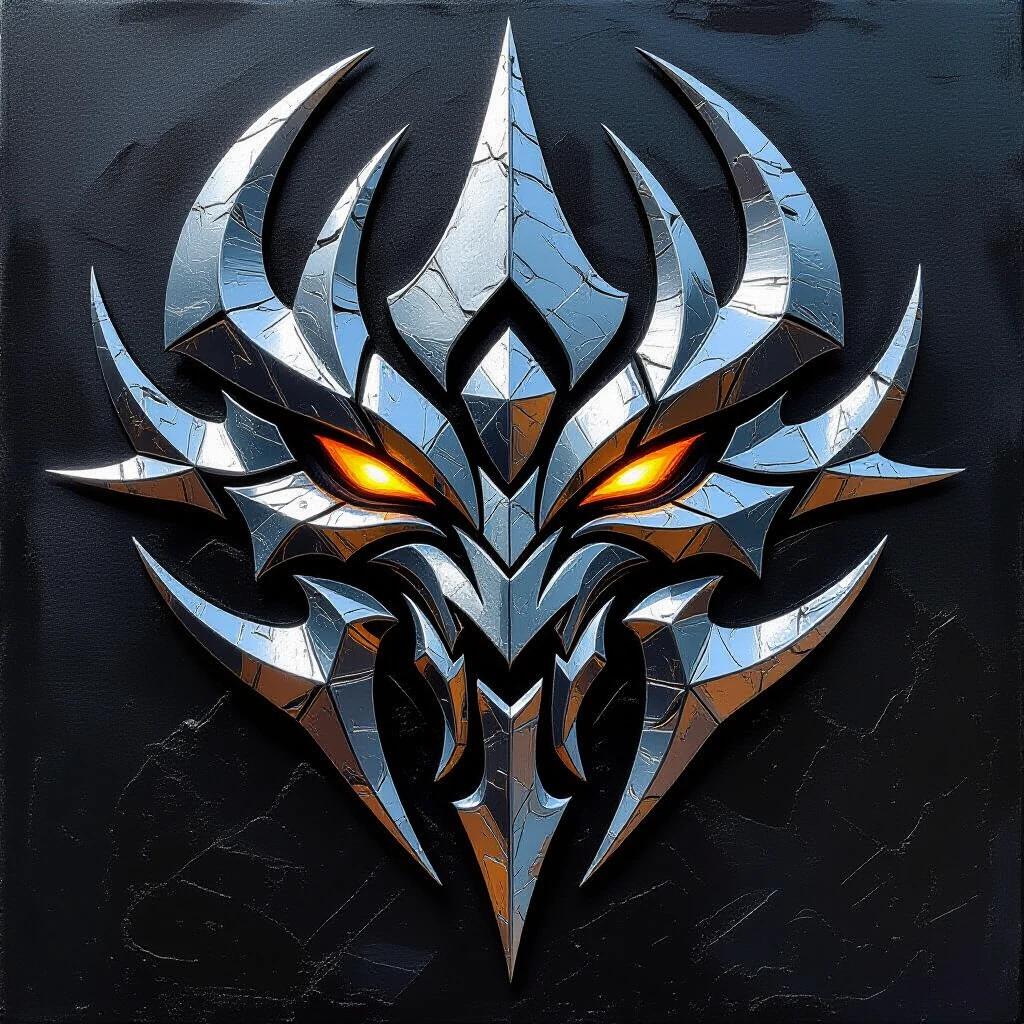 Heavy impasto oil painting depicting a futuristic neo-tribal sigil. The design features aggressive blade-like spikes and flowing curves. Thick sculptural brushstrokes create raw texture. Palette includes metallic silver gunmetal grey and deep blacks with iridescent highlights. Focus on the tactile quality of the paint. The piece is both painting and low-relief sculpture.
