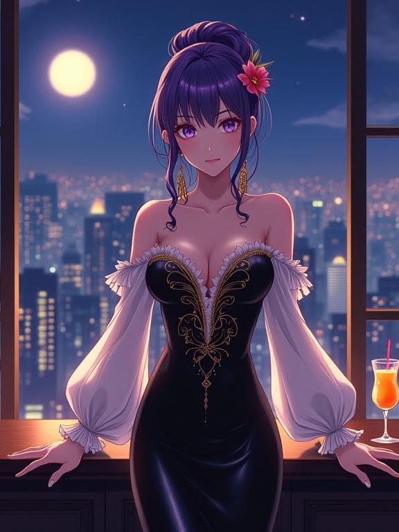 A stunning lady stands gracefully in front of a window inside an upscale lounge. She wears an off-the-shoulder black gown with golden embroidery. The gown has white sheer sleeves. Violet hair styled in an updo with flowers. The city skyline at night is behind her. A full moon is visible between skyscrapers. An orange cocktail is on the counter.