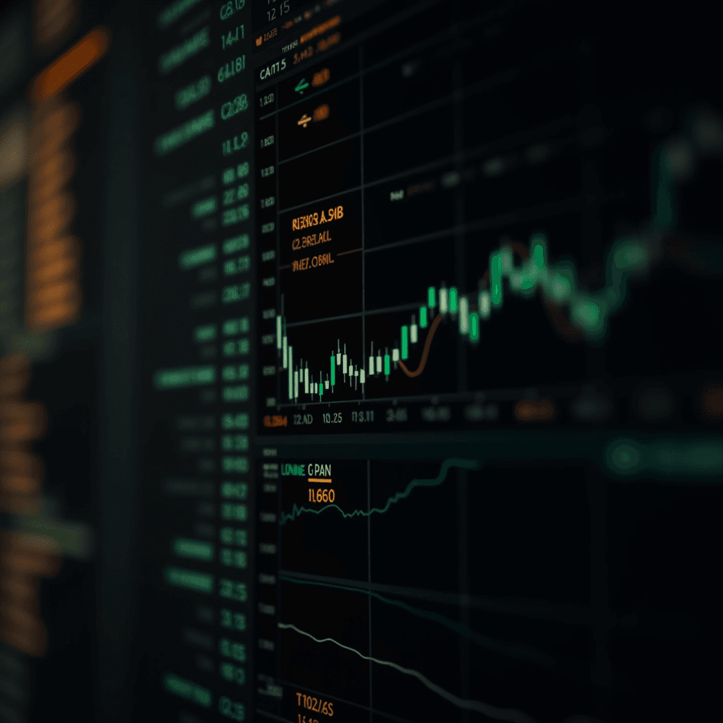 A screen displays fluctuating graph lines and numerical data, indicating financial market activity.