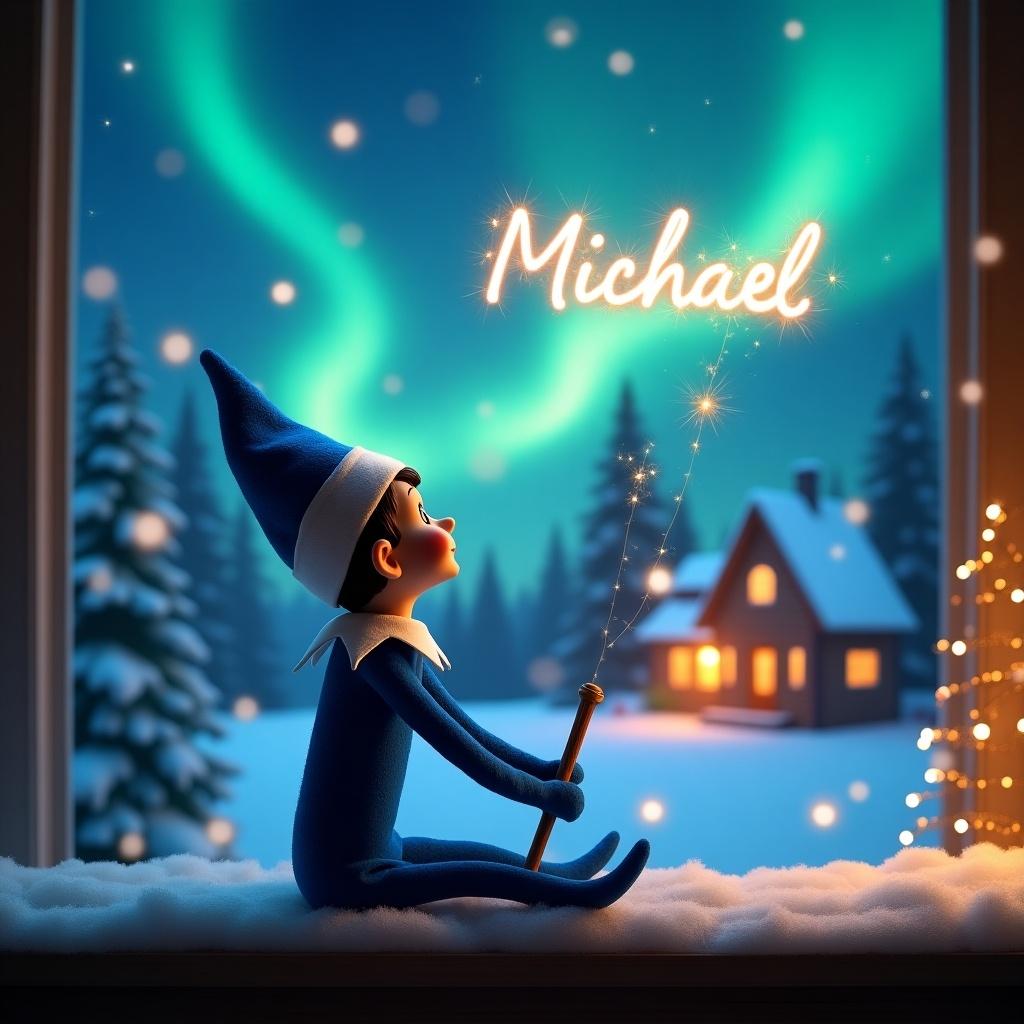 A blue elf on the shelf sits with its back to the viewer, gazing skyward. It holds a glowing wand that emits sparkling light. The background showcases a charming Christmas scene with colorful northern lights swirling above. In the distance, a cozy house can be seen, decorated for the holidays. Snow covers the ground, adding to the winter atmosphere. The elf is in a playful position, embodying the spirit of magic and wonder associated with Christmas. The name 'Michael' is written in the air using the wand, creating a sense of holiday cheer.